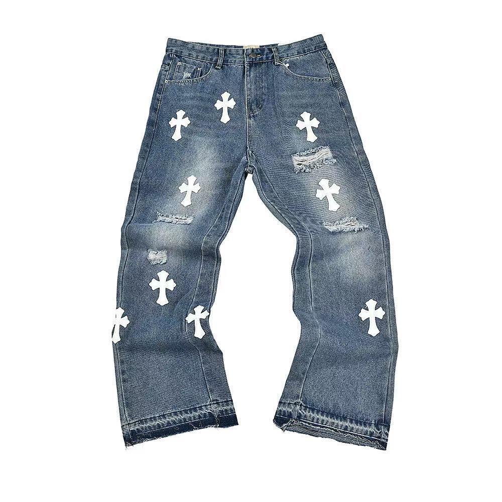 

FlowStreet Fashion 3D Chain Printed Contrast Color Jeans Niche Design High Waist Casual Denim Pants L