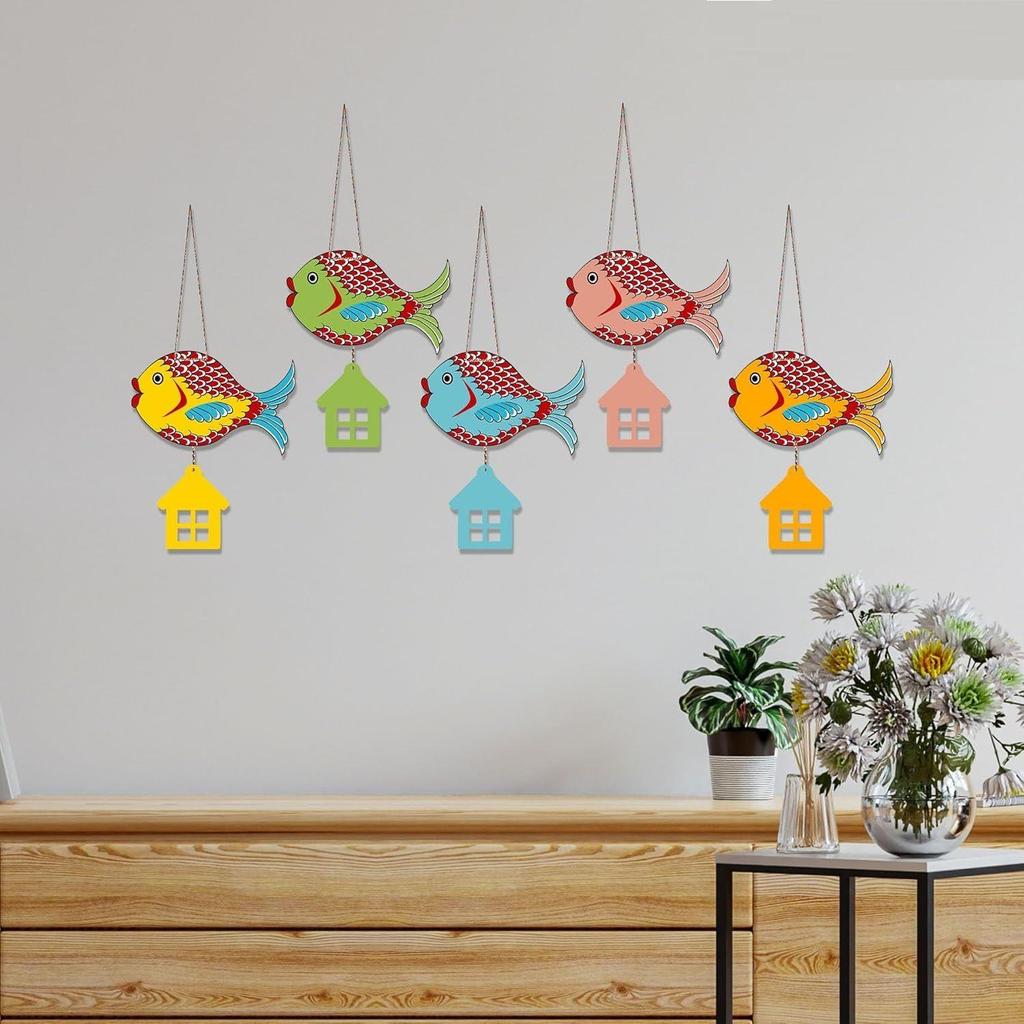 Vícebarevné rybičky dřevěná nástěnná dekorace pro domácí dekoraci | Zahrada balkon | Kancelář | Kavárna | Dekorativní závěs na dveře (Balení po 5)