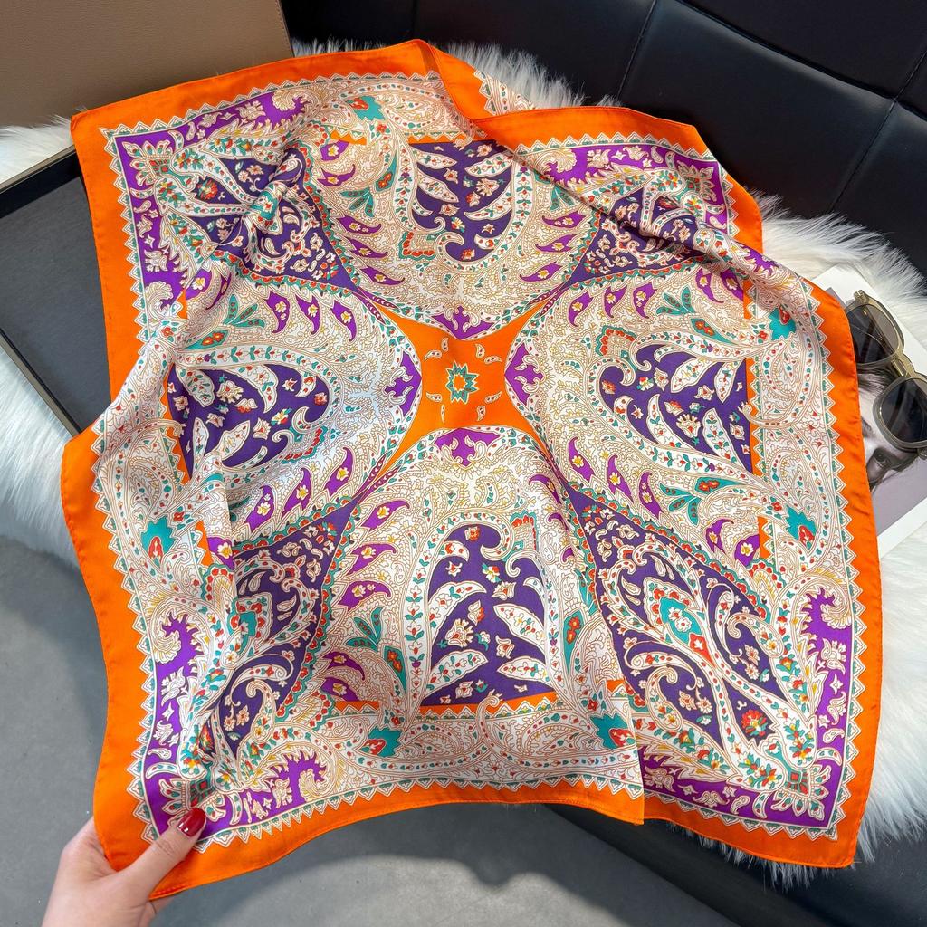 Wind Scarf Square Scarf Simulation Silk 70Cm Retro Cashew Print Literary Headband Suit With Decorative Scarf