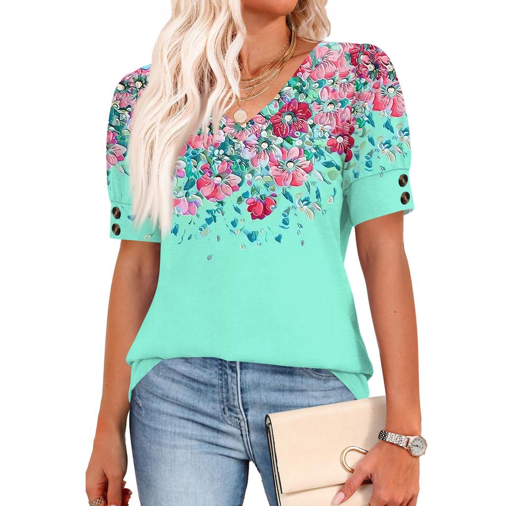 Womens Tops Short Sleeve Shirts Buttons V Neck Fashion Outfits Blouses Casual