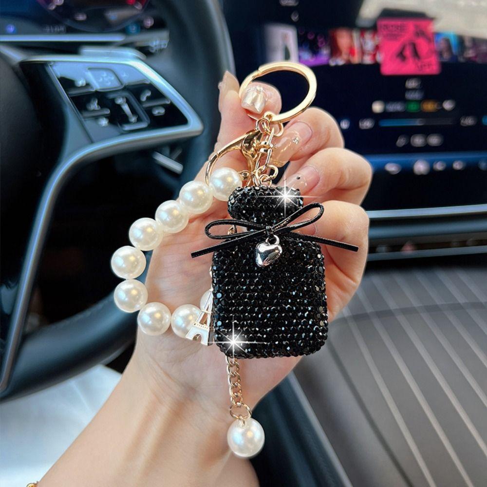 Pearls Perfume Shape Keychain Rhinestone Inlaid Perfume Shape Keyring  Fashion Accessory
