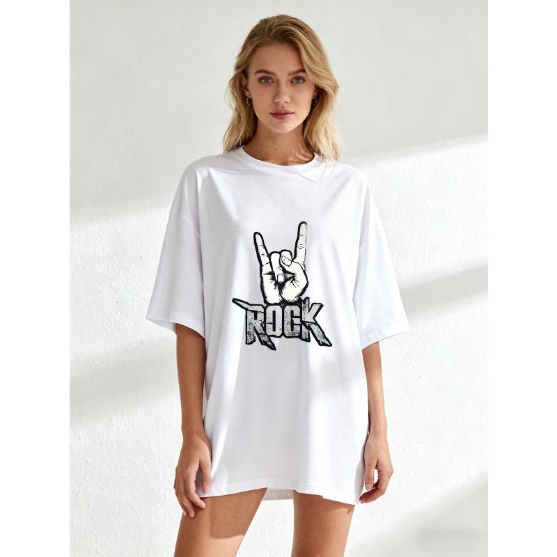 Oversized T Shirt Black Rock Hand Sign Print Casual Wear For Women
