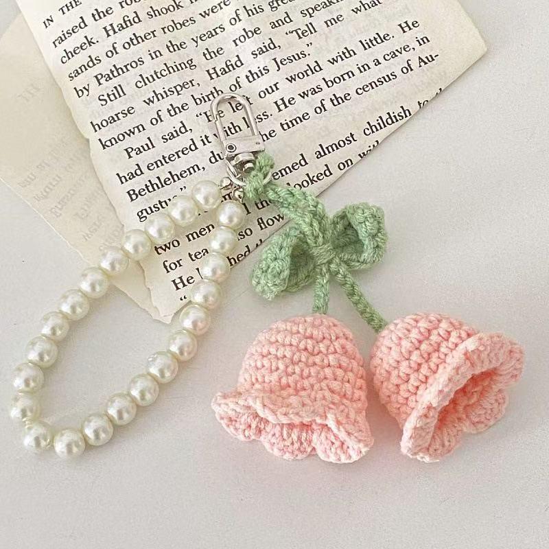 Lily of the Valley Wool Crochet Keychain Charm with Pearl Flower