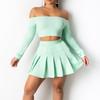 Women Long Sleeve Set Solid Color Casual Outfit Strapless Pleated Skirt Suit