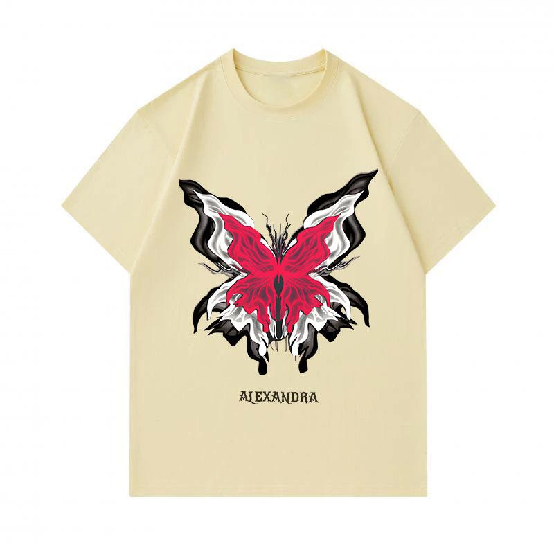 Men's 100% Cotton Crew Neck Short Sleeve T-Shirt, Stylish Abstract Red Butterfly Printed Casual Tees, ALEXANDRA Letter Pattern Soft Comfortable Daily