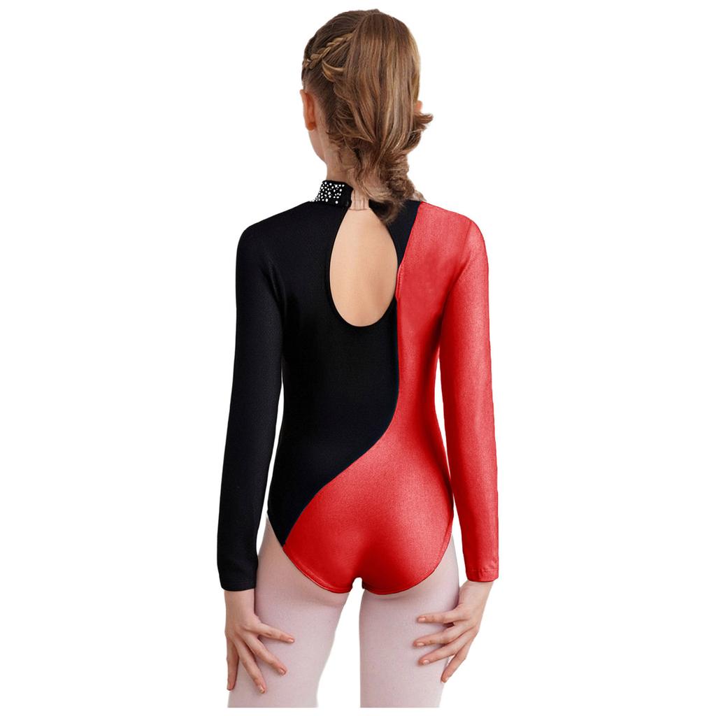 Girls Metallic Gymnastics Bodysuit Long Sleeve Rhinestone Color Block Leotard Competition Dancewear