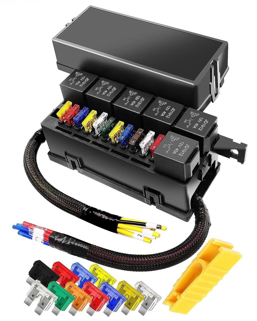 12 24V Vlot Fuse Relay Box Pre-Wired Fuse and Relay Box with 6 Relays and 11 Way ATC/ATO Relay Fuse Box Block For Auto Car