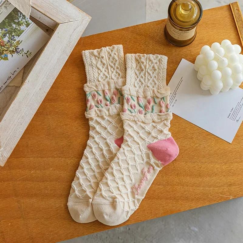 Women Socks Korean Japanese Style Cartoon Green Flower Harajuku Cute Kawaii Mid Tube Socks Breathable Casual Short  Cotton Socks