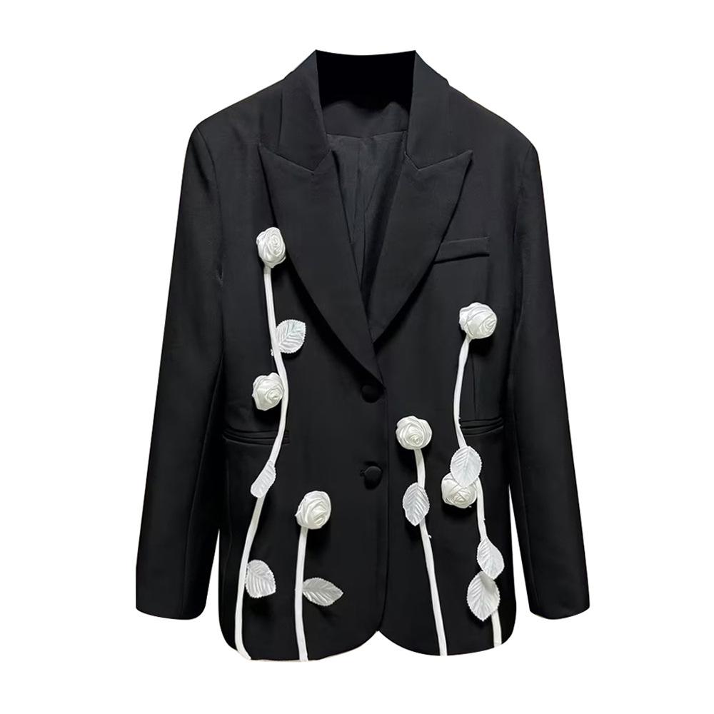 

Spring 2026 Women s 3D Floral V-Neck Loose Suit Jacket with Euro-American Style and Color Block Patchwork M