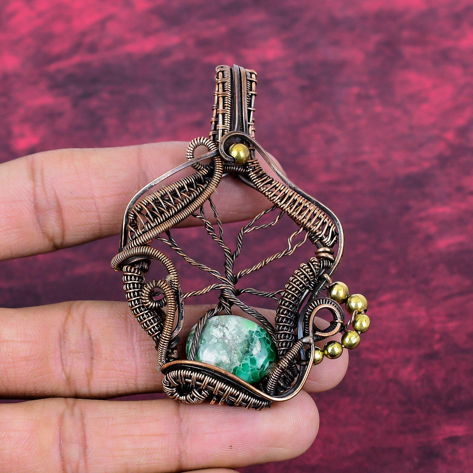 Tree Of Life Variscite Gemstone Pendant Copper Wire Wrapped Handmade Jewelry