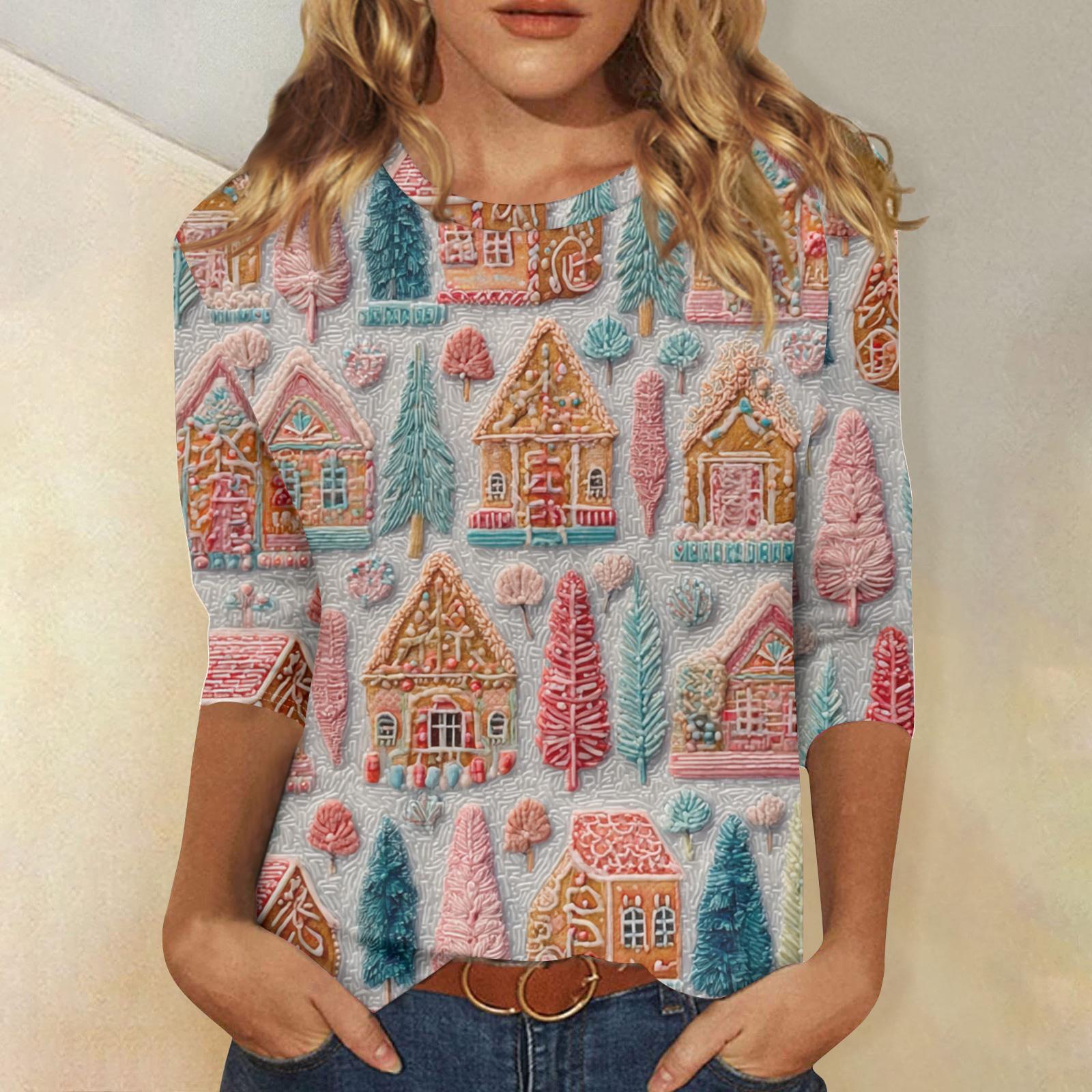 

Женский повседневный модный топ с рукавом три четверти и рождественским принтом S бежевый