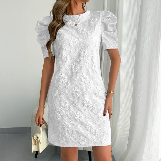 Women's Textured Jacquard Dress Crewneck Short Puff Sleeve A-line Dress Summer Floral Mini Dresses