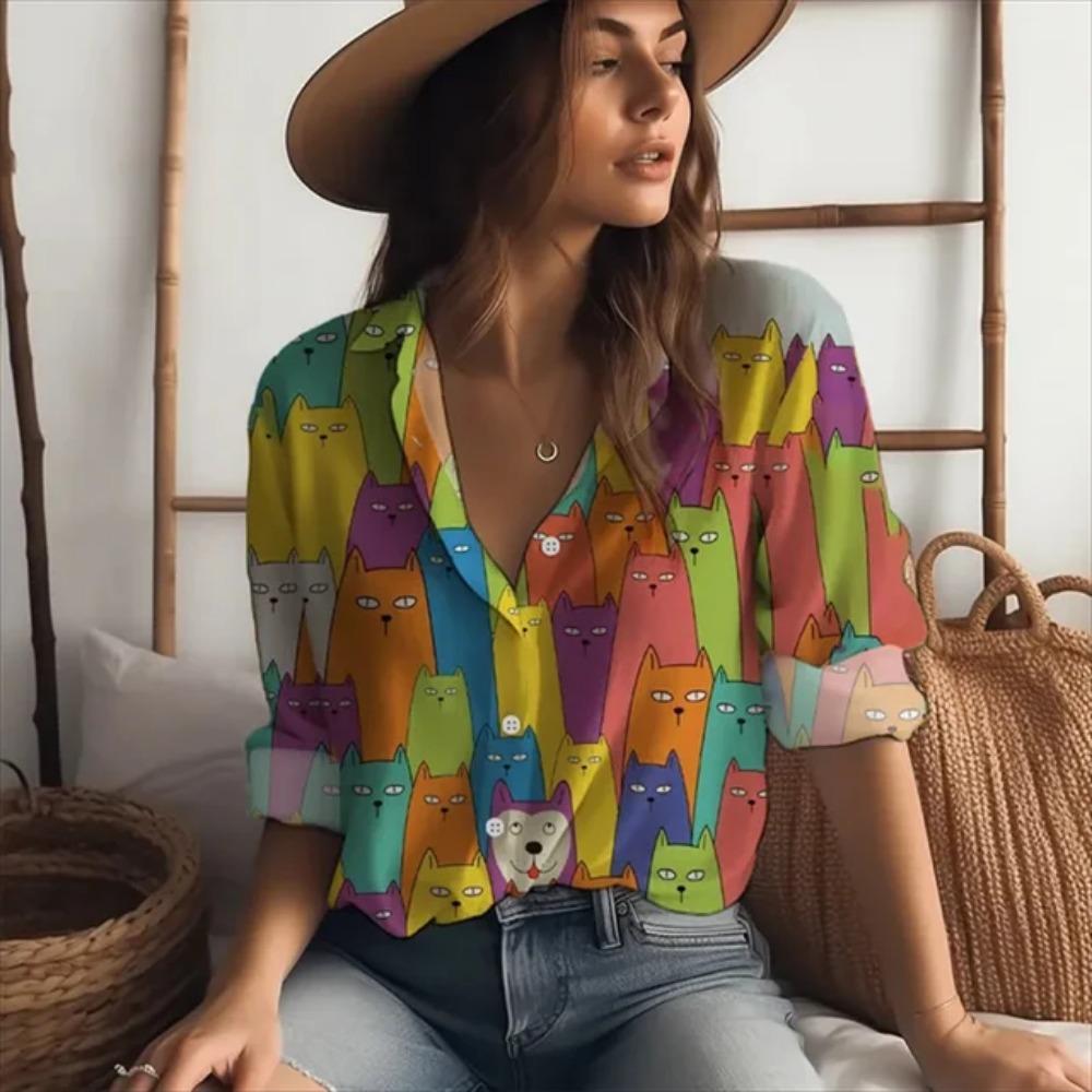 Sweet Cute Women's Shirt Casual Loose Comfortable Button Lapel Fashion Shirt Cartoon Cat Print Long Sleeve Blouses Spring