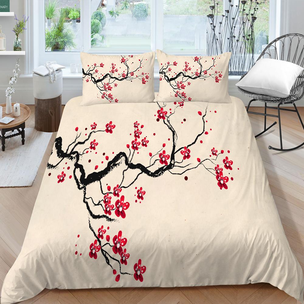 3D Family Bedding Single Double Bed Full Size Bedding Plum Blossom Pattern Pillowcase and Quilt Cover Noble and Washable Family Decoration