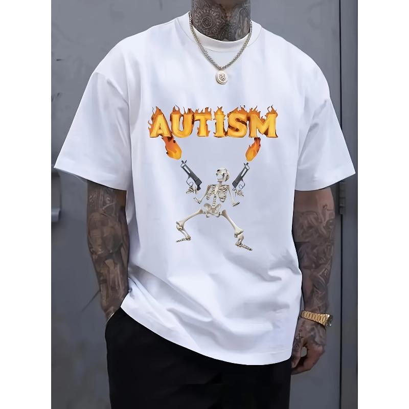 

European Size Men S Autism Graphic T-Shirt - Edgy Skeleton with Guns & Flames Design, White Casual Tee,Regular Fit, All-Season Wear, Everyday Tshirt S белый