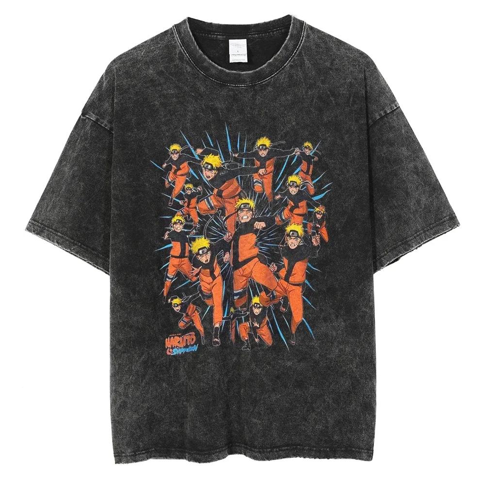 Men Streetwear Tshirt Japanese Anime Naruto Graphic TShirt Cotton Harajuku Washed T Shirt Summer Hip Hop Tops Tees Black