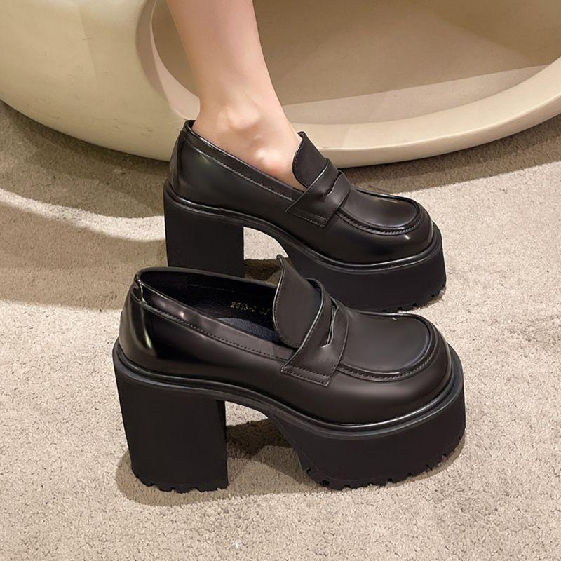8cm Chunky Heel Platform Loafers Office Work Shoes Black Leather Shoes with Waterproof Sole Korean Thick Heel Casual Shoes