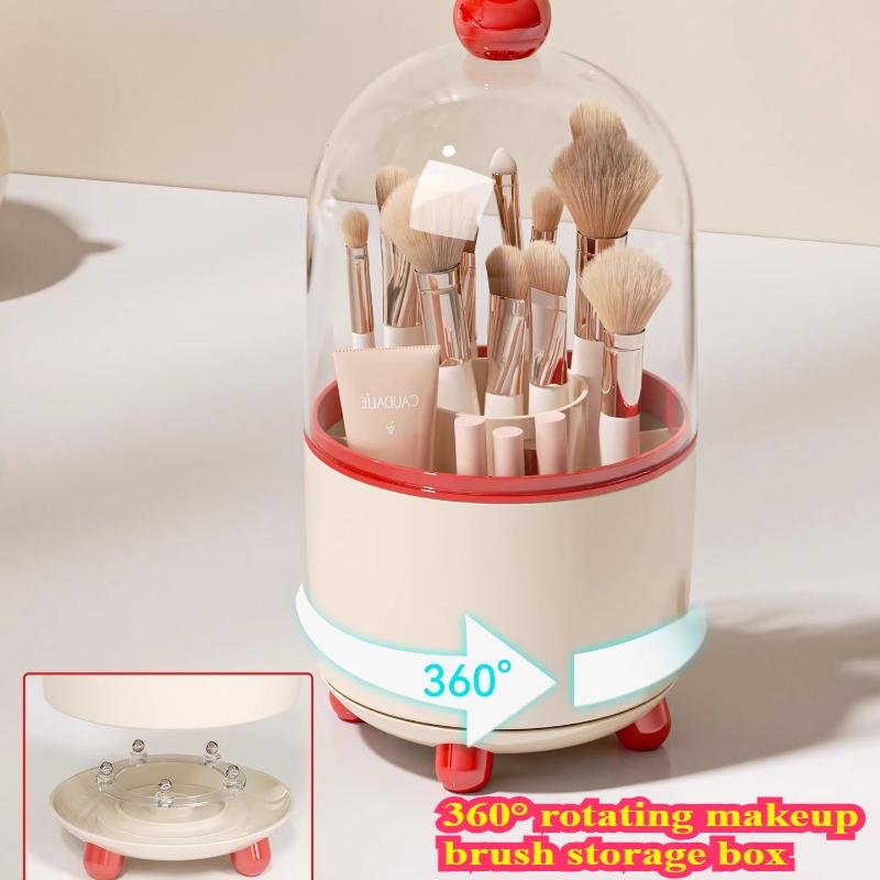 Rotatable Makeup Brush Storage Box Large Dustproof with Cover Makeup Brush Storage Rack Desktop Cosmetic Storage Holder Plastic