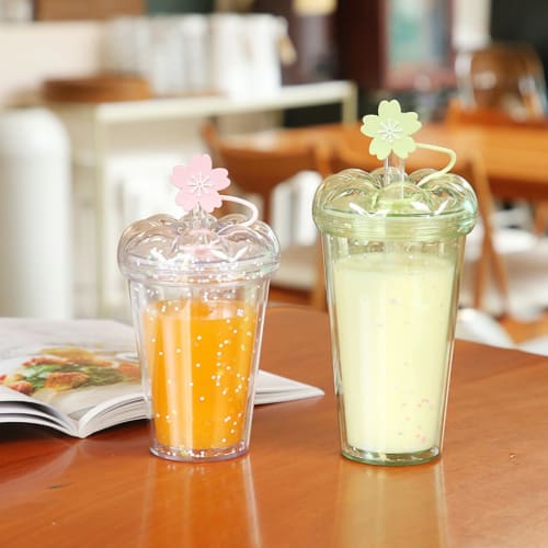 FLYILIA Tumbler with Straw, Plastic Straw Cup, Cherry Blossom Design, Double-Walled Water Bottle with Lid, Stylish Heat and Cold Resistant, Vacuum Ins