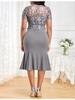 Plus Size Mode Spetsinsatt Klänning Dam Sexig Rund Hals Kort Ärm Hög Midja Fishtail Klänning Elegant Festklänning