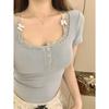 Neckholder-Spitzenbesatz, Schleife, süßes schwarzes Y2K-T-Shirt für Damen mit Knopfleiste, schmale Kurzarm-T-Shirts in Weiß, süße Balletcore-Kleidung