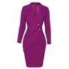 Women's Solid Color Long Sleeve V Neck Button Zipper Slim Fit Mid Length Formal Dress