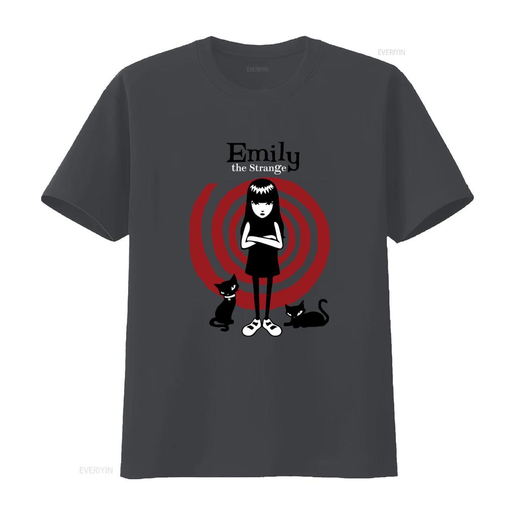 Emily The Strange Cat Red Swirl Print Official Licensed T Shirt for Women vintage Washed Versatile Unisex fashion Breathable