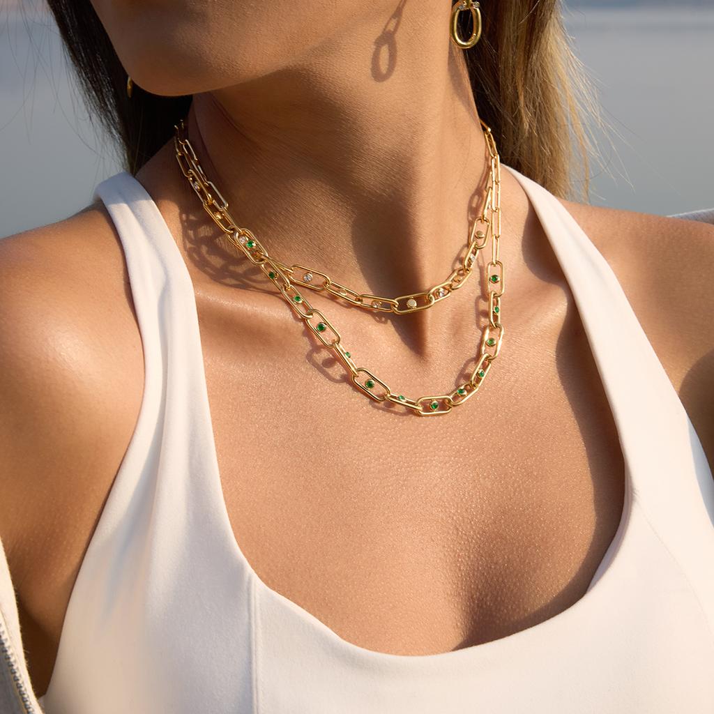 Youthway White Green Crystal Necklace For Women 18K Gold Plated Stainless Steel Paperclip Chain Necklace Fashion Jewelry Gift