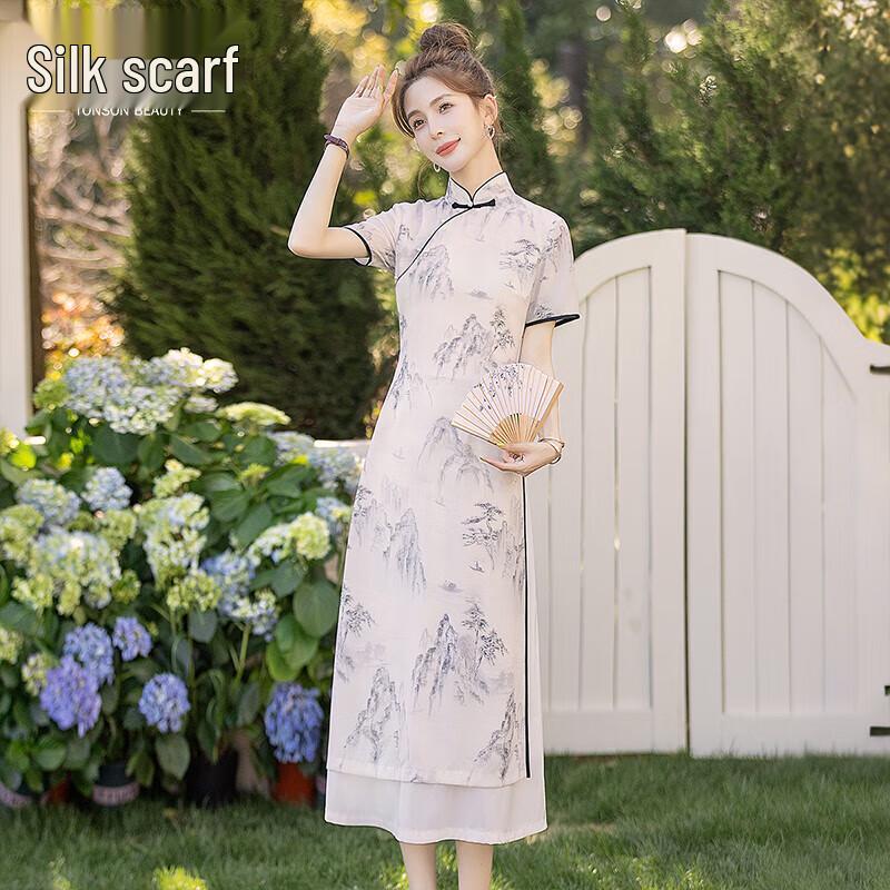 Retro Stand Collar Short Sleeve Cheongsam Dress L