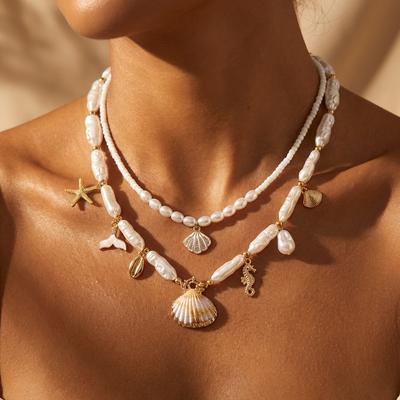 2pcs Design Sense Imitation Pearl Beaded Chain Necklace for Women Ocean Multiple Pendants Shell Necklace Aesthetic Party Jewelry