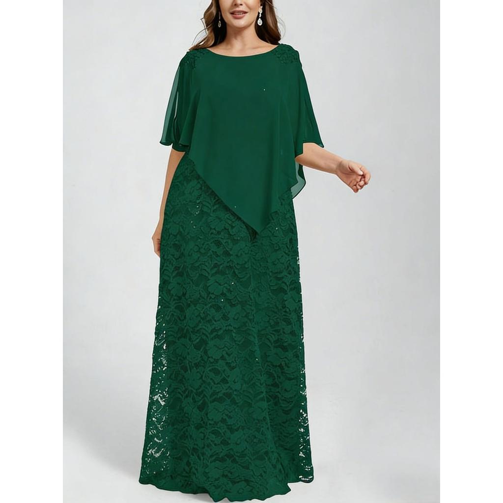 New Plus Size Women's Lace Evening Dress with Chiffon Shawl, Bodycon Formal Party Gown for European American