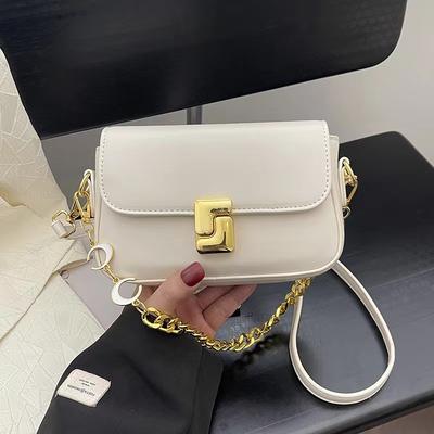 Bolsa pequena quadrada com corrente, bolsa de axila, cor sólida, com fecho, temperamento, bolsa de ombro feminina