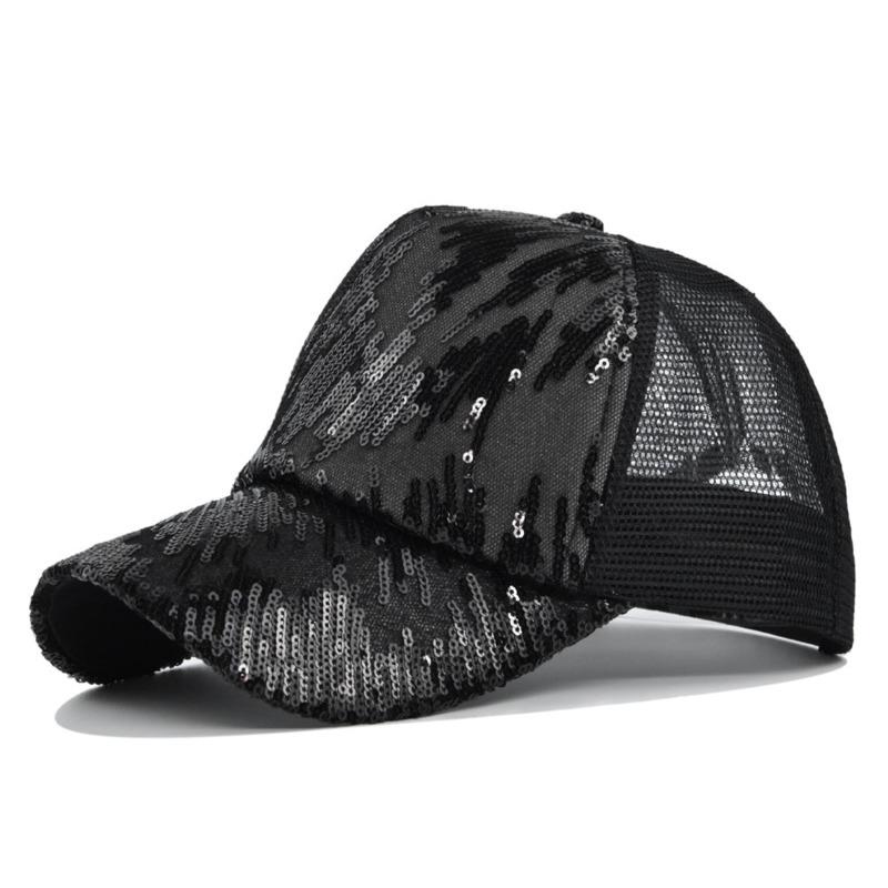 Boné de beisebol com rabo de cavalo brilhante, coque bagunçado, chapéus de pai para mulheres, lantejoulas brilhantes, boné de caminhoneiro de malha de verão, bonés hip hop snapback