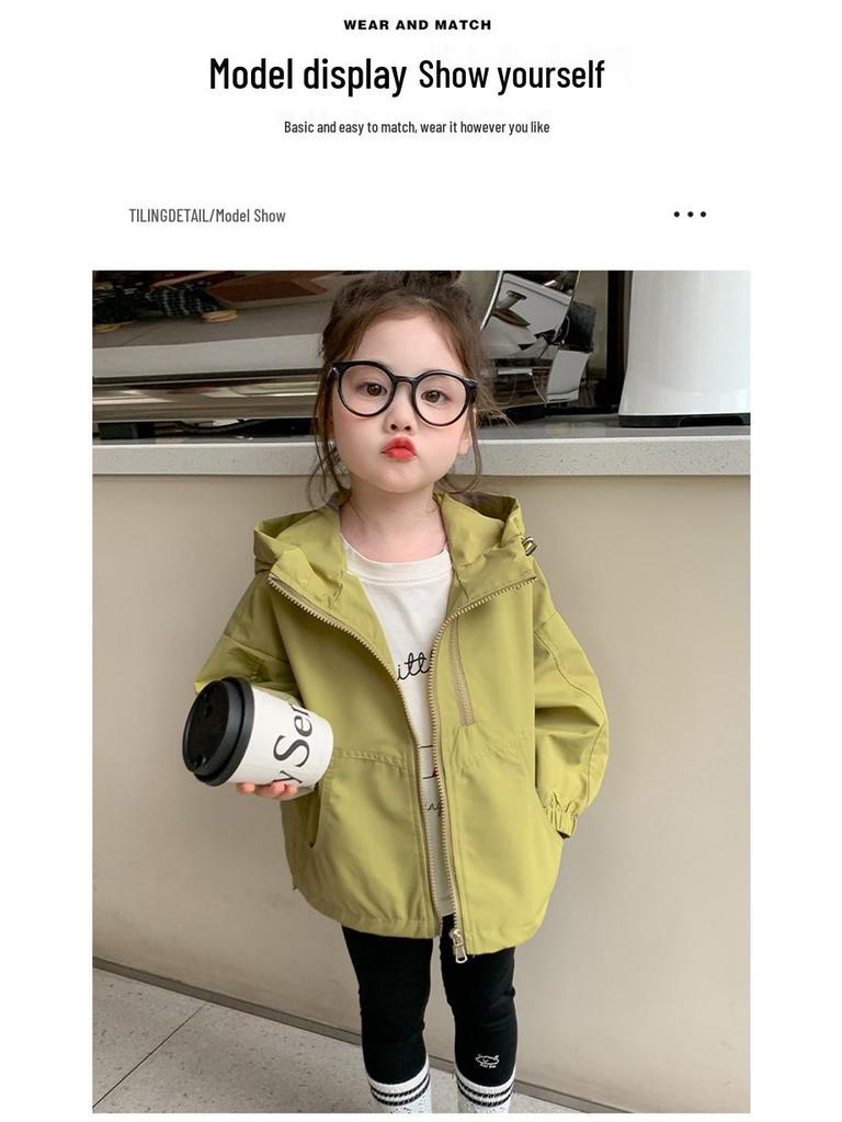 Autumn 2025 Korean Style Girls' Hooded Windbreaker Coat with Double Zipper