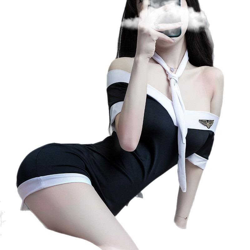 Sexy lingerie stewardess uniform cosplay shoulder seduction crotch passion suit perspective nightclub girl