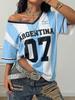 Damska koszulka z nadrukiem inspirowana Argentyną, numer 07, letnia, z krótkim rękawem, luźny krój, oddychająca, casualowa, streetwear, sportowa, stylowa