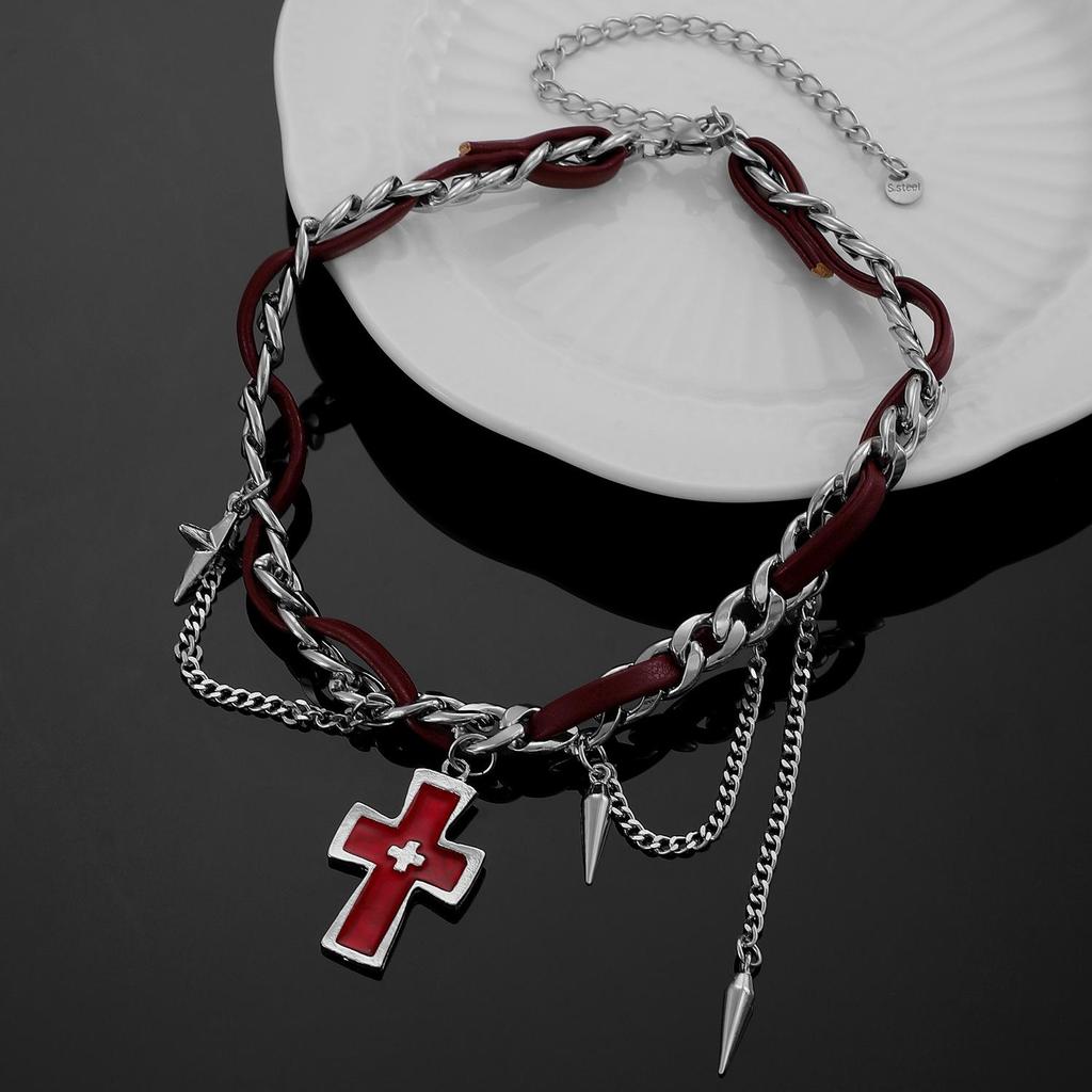 Y2K Spicy Sweet Girl Leather Choker: Cross Ultra-Short, Heavy-Duty Chain Collar