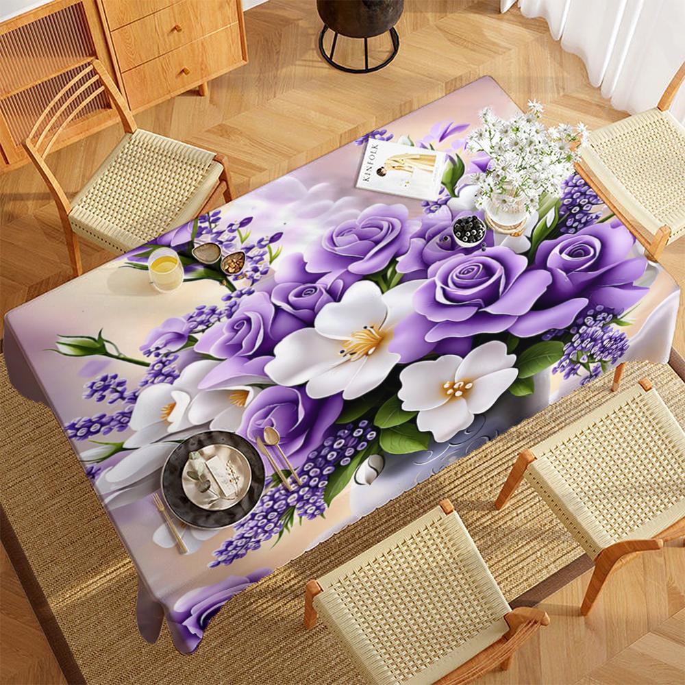 Polyester 2D Flat Printed Purple Rose Table Cover Camping Room Decor Picnic Blanket Table Covers For Dining Table Mothers Day