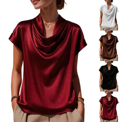 Womens Short Sleeve Blouses Satin Cowl Neck Design Short Sleeve Blouses for Women Loose Fit Women's Short Sleeve Tops for Daily Wear