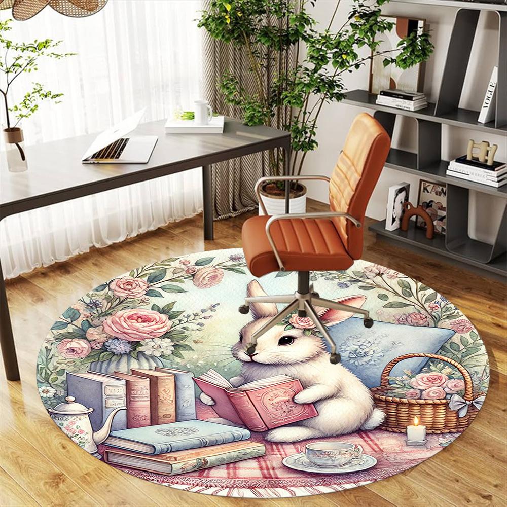 1pc Rabbit, Flowers Round Chair Mat Area Rug - Non-Slip, Floor Mat for Office, Bedroom, and Indoor Decor -1002060
