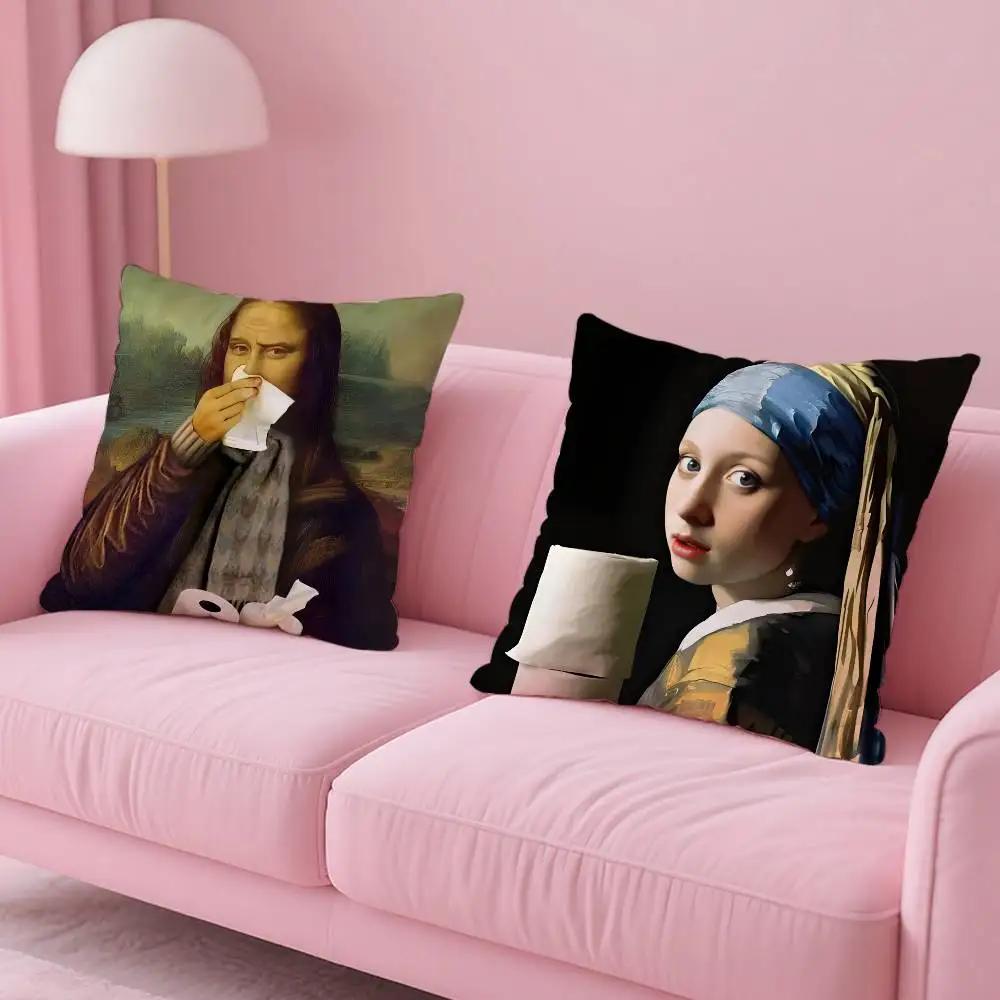 Mona-Lisa Wearing Pearls Girl Pillow Case Custom Printed Brushed Fleece Pillow, Baby Skin-Touch, Eco-Friendly Dye-Sublimation Cu