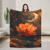 Reversible Orange forLotusFlower Print Flannel BlanketSoftWarm Shawl for BedroomDormCarOutdoorSofaTravelOfficeGiftAll-Season Use