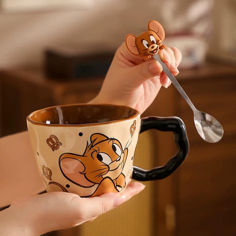 Tom a Jerry Velký keramický hrnek se lžičkou - Roztomilý studentský snídaňový hrnek, Skvělý dárek k narozeninám