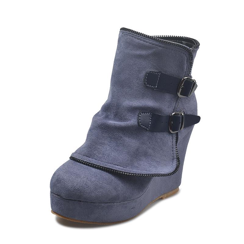 Fashion Women Warm Chunky Heeled Ankle Boots Fashion Retro Botas Mujer Suede Wedge Zipper Solid Color Round Toe Shoes Ladies Short Boots