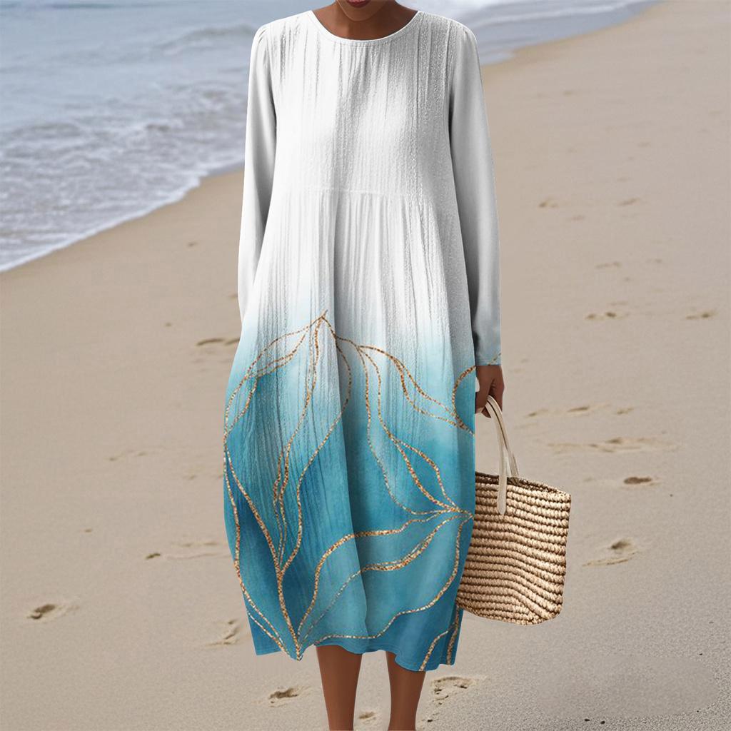 Women's Fashionable Casual Long-Sleeved Round Neck Floral Print Zipper Dress