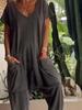 Zomer Vintage Jumpsuits Dames Korte Mouw Losse Playsuit Overall Romper Effen Elegante Zak Rompers Één Delig