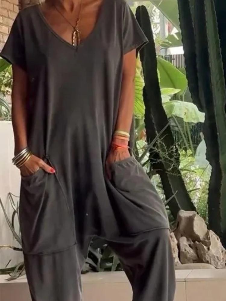 Zomer Vintage Jumpsuits Dames Korte Mouw Losse Playsuit Overall Romper Effen Elegante Zak Rompers Één Delig