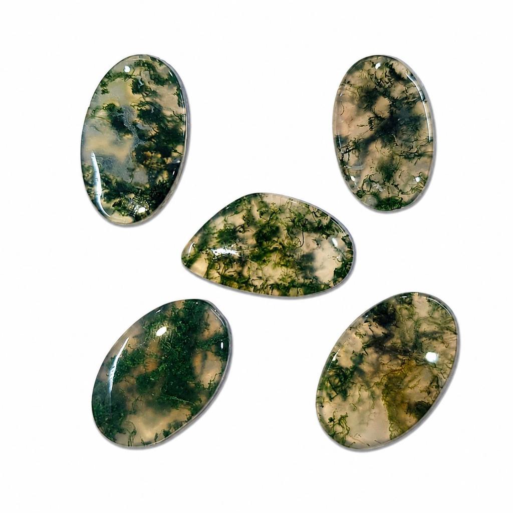 Natural Moss Agate Oval Cabochon Set of 5 | Moss Agate Gemstone Lot for Jewelry Making