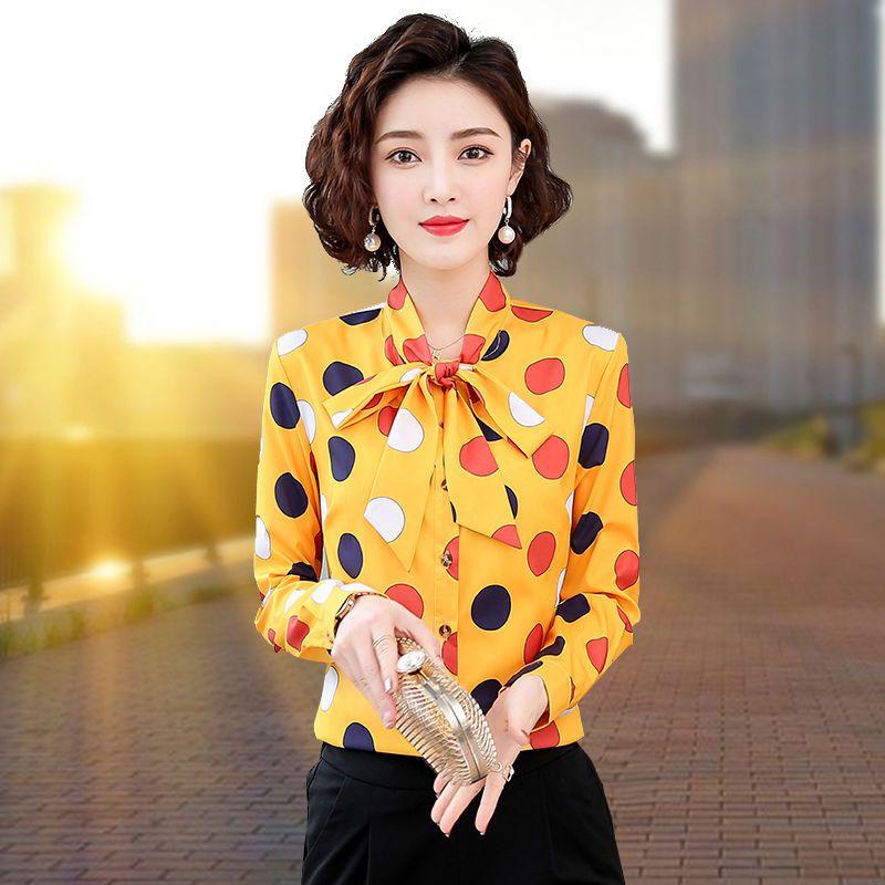 Bow Tie Tied Long Sleeved Top Korean Version Chiffon Shirt Women's Spring Autumn New Polka Dot Bottoming Blouse S-5XL