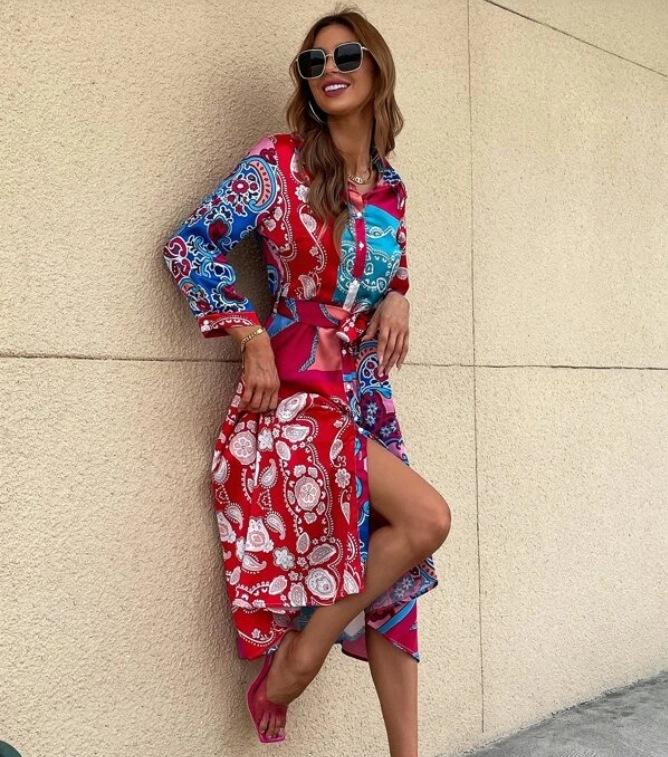 Autumn and winter popular women's clothing straps printed polo collar temperament medium and long dress